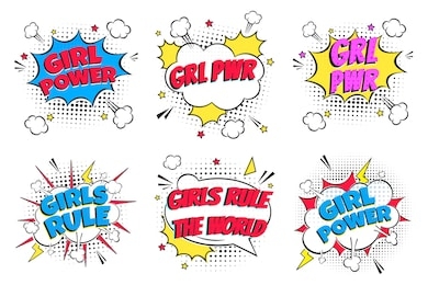 6 comic lettering grl pwr, girl power, girls rule set in the speech bubbles comic style flat design. exclamation concept of comic book style pop art voice phrase isolated on white background.