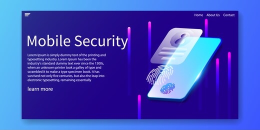 isometric mobile security and biometrics identification concept, fingerprints, facial recognition, web template design.vector illustration.