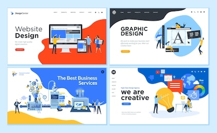 set of flat design web page templates of graphic design, website design and development, social media, business services. modern vector illustration concepts for website and mobile website development