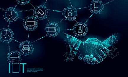 internet of things icon work handshake concept. smart city wireless communication network iot ict. home intelligent system automation computer online vector illustration