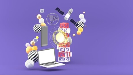 signal transmitter pole,satellite, smartphone and a laptop surrounded by a colorful ball on a purple background.-3d rendering.