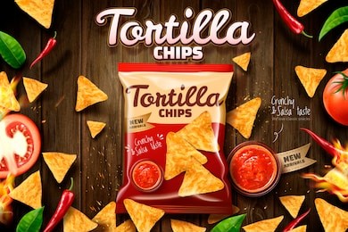 tortilla chips ads with cookies package laying on wooden table background in 3d illustration