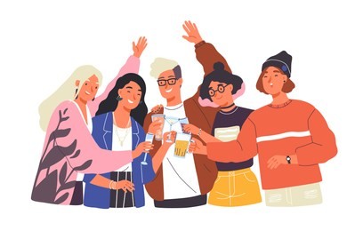 group of happy boys and girls clinking glasses and drinking alcohol at celebratory party. portrait of cute joyful friends celebrating together. colorful vector illustration in flat cartoon style.