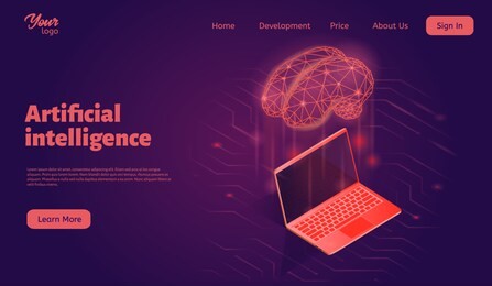 artificial intelligence system landing web page template. bran and laptop concept. machine learning structure. deep leatning isometric vector illustration.