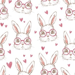 childlike rabbit with glasses and heart illustration. pattern seamless.