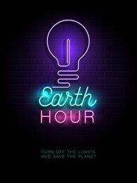 earth hour neon sign. poster, banner, flyer, brochure, leaflet, web icon, event poster, placard. vector eps 10