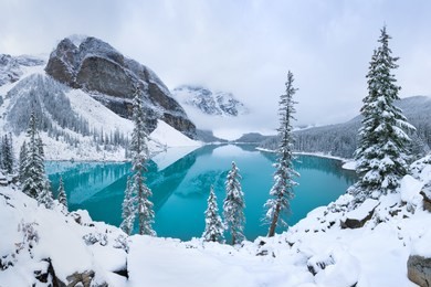 first snow morning at moraine lake in banff national park alberta canada snow-covered winter mountain lake in a winter atmosphere. beautiful background photo concept