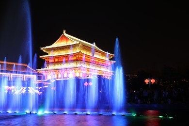 xi 'an drum tower music fountain, which is a famous tourist attraction, landmark ancient architecture.