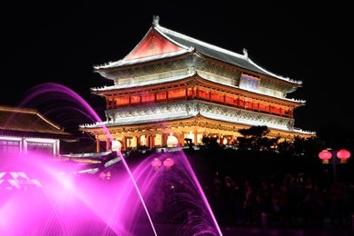 xi 'an drum tower music fountain, which is a famous tourist attraction, landmark ancient architecture.