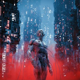 legacy of carbon / 3d illustration of science fiction male humanoid cyborg lost in futuristic neon lit cyberpunk city