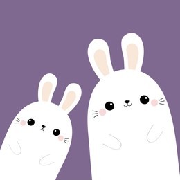 two rabbit bunny in the corner. happy easter. friends forever. cute cartoon kawaii funny baby character set. farm animal. violet pastel background. flat design. vector illustration
