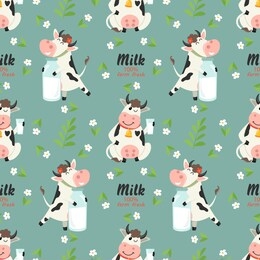 seamless pattern with farm cows and milk bottle. vector illustration for your design