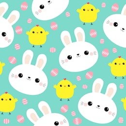 white rabbit bunny face. chicken, easter egg. seamless pattern. cute cartoon kawaii funny smiling baby character wrapping paper, textile template nursery decoration green background flat design vector