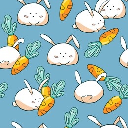 cute easter bunny seamless pattern. doodle easter rabbit with carrot on blue background. backdrop for wrapping paper, kid's fabric. 