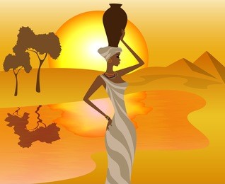 african girl with a pitcher goes to fetch water, vector illustration