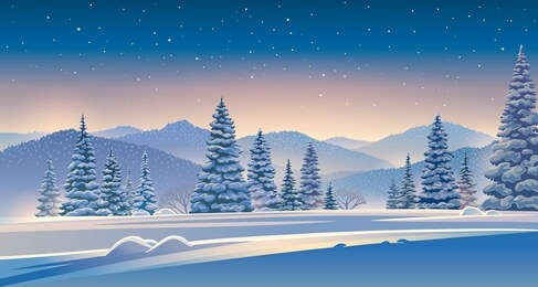 winter evening landscape with mountains and snow-covered trees in the foreground.