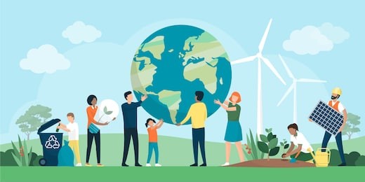 multiethnic group of people cooperating for environmental protection and sustainability in a park: they are supporting earth together, recycling waste, growing plants and choosing renewable resources