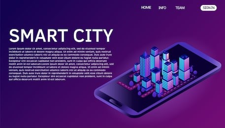 smart city or intelligent building isometric vector concept. website landing page template. abstract 3d isometric landing page in violet and dark blue colors