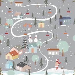 vector seamless flat pattern of cute christmas cartoon with hand drawn, house, tree, snowman, dog and a girl, on grey background.