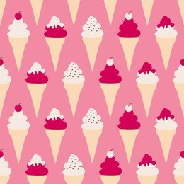 seamless pattern with ice cream cones against pink background.