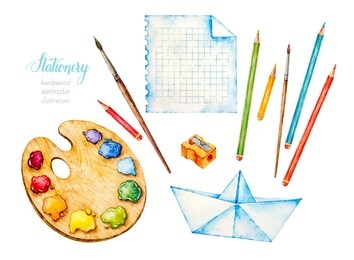 watercolor paints. palette. paint with brushes. watercolor school. back to school. office. stationery. watercolor botanical illustration. graduation