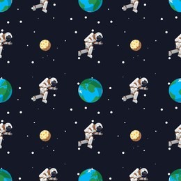 astronaut in outer space near the earth and the moon seamless pattern