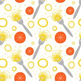 italian spaghetti and tomatoes seamless pattern. italian food restaurant, bistro menu background, backdrop design. cartoon pasta, forks, tomatoes flat kitchen textile, wrapping paper