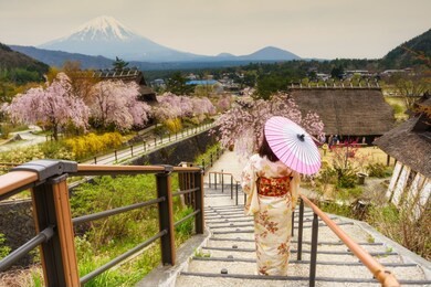 rear photo of japanese woman with traditional kimono and umbrella at saiko iyashi no sato nenba, former farming, village with cherry blossom or sakura and mount fuji or fujisan, yamanashi, japan.