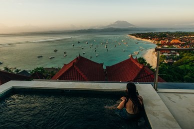 main town of nusa lembongan island, bali, indonesia, with boats 