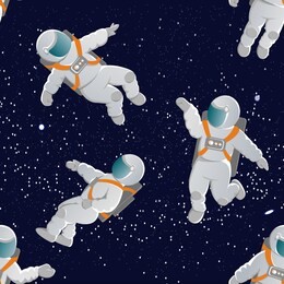 astronauts with space suits in various poses. space and stars. illustration for gift paper, background, banners and cards. seamless vector pattern