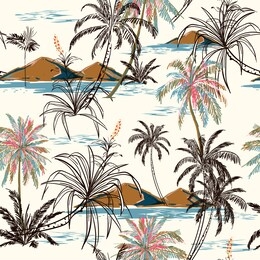 island and palm trees hand drawing sketch line in seamless pattern vectoe for fashion fabric and all prints on white background design for fashion,fabric,wallpaper,web and all prints