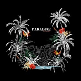 "paradise found" summer background with dark tropical and hibiscus flowers for holiday, vacation design on black  background.elegant floral vector design for tshirt and all graphic 