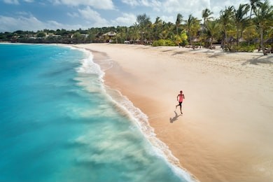 aerial view of the running young woman on the white sandy beach near sea with waves at sunrise. summer holiday. top view of sporty slim girl, clear azure water. indian ocean. lifestyle and sport