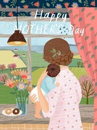 happy mother's day! vector illustration for a cute cover, poster or card for the holiday moms. freehand drawing by the mother at the window with the baby in the house