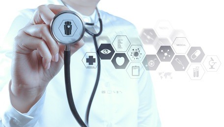 medicine doctor hand working with modern computer interface as medical concept