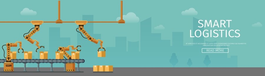 automatic conveyor packing cardboard box banner. yellow mechanical tool. robotic claw conveyor manufacture technology. smart logistics warehouse service. flat cartoon vector illustration