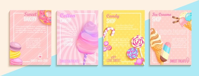 set of bakery,candy,cotton candy,ice cream flyers,banners.collection of pages for kids menu,caffee,posters.macaroons,donuts, lollipop shop cards, cafeteris advertise.template vector illustration.