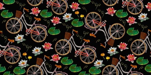 embroidery bicycle and water lilies flowers seamless pattern. fashionable summer romantic art, template clothes, t-shirt design art