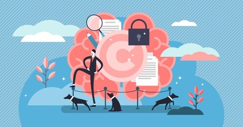 intellectual property vector illustration. flat tiny author persons concept. idea legal owner information protection with trademark and copyright. data license trade or piracy and plagiarism control.