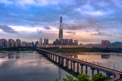 seoul subway and seoul city skyline at han river seoul, south korea