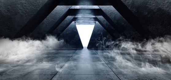 smoke fog triangle grunge concrete sci fi elegant modern futuristic spaceship underground tunnel hall gallery room empty space tiled floor reflections abstract background alien 3d rendering 