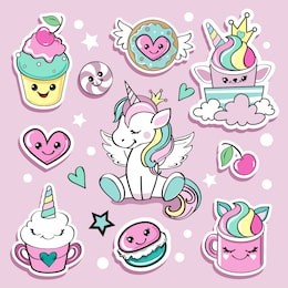 fashion patch badges unicorn and sweets with eyes in kawaii style