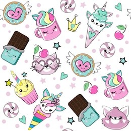 multi coloured sweets with eyes and unicorn in kawaii style seamless pattern