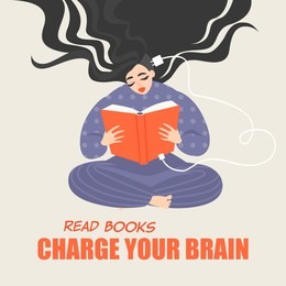 pretty girl sitting and reading a book. a conceptual image of the benefits of reading for brain development. vector illustration in cartoon style.