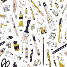 elegant seamless pattern with stationery, writing utensils, office tools or art supplies hand drawn on white background. realistic vector illustration for wrapping paper, textile print, wallpaper.