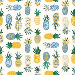 flat seamless pattern with pineapples of various texture on white background. backdrop with exotic tropical fresh juicy fruits. colorful vector illustration in modern doodle style for textile print.