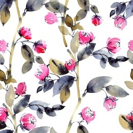 watercolor and ink illustration of branches with leaves and flowers, sumi-e and u-sin painting, seamless pattern