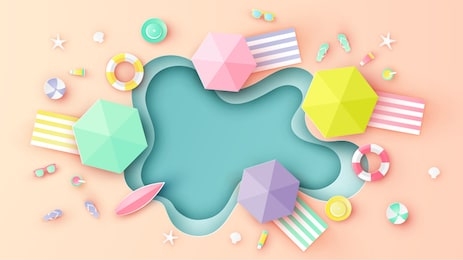 top view of sea beach with ball, swim ring, sunglasses, surfboard, sunscreen, sandals, starfish, hat, juice and beach blanket placed on the beach. paper cut and craft style. vector, illustration.