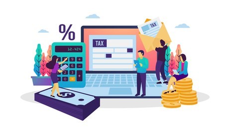vector illustration of online tax payment. people filling tax form using internet. suitable for web banner, poster, ui, flyer, mobile app.