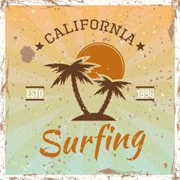 surfing colored vintage emblem, badge, label or logo with palms and sunset vector illustration on bright background